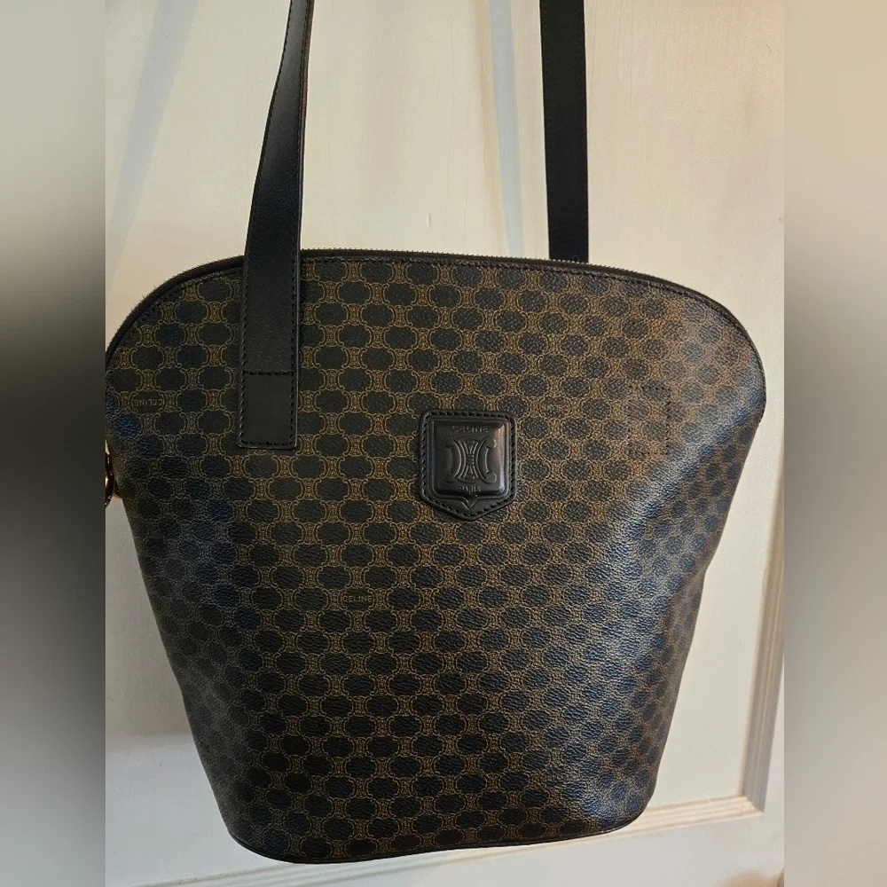 Celine | Double Zip Shoulder Tote Bag | Macadam Canvas & Black Leather | Vintage